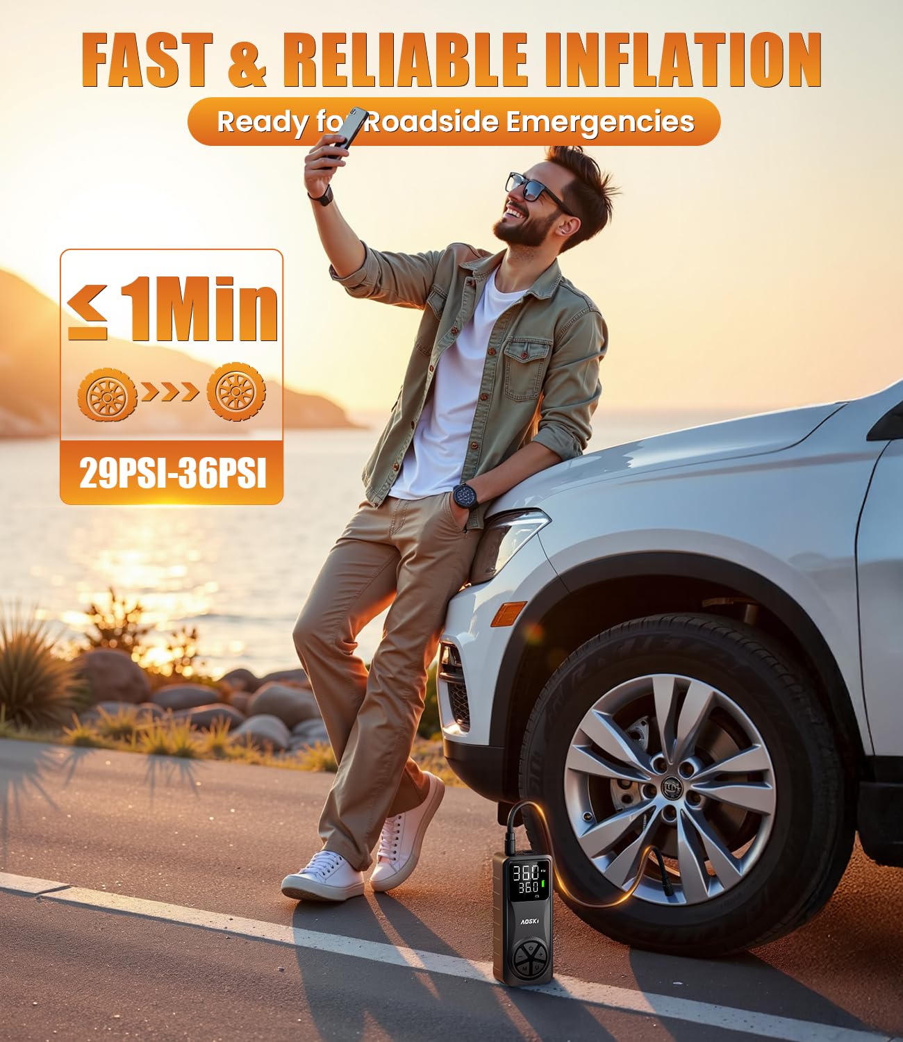 Tire Inflator Portable Air Compressor 150PSI Rechargeable Air Pump with Digital Pressure Gauge LED Light and Auto Shut-Off — view 3