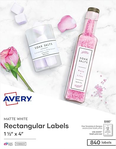 Avery Etiquetas rectangulares imprimibles en blanco, 1.5 x 4 pulgadas, blanco mate, 840 etiquetas personalizables (5197)