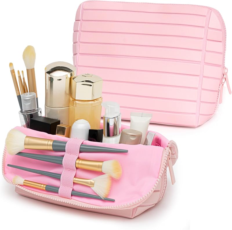 Minoisome Nécessaire de viagem em couro sintético com divisórias ajustáveis, dobrável e com zíper, rosa