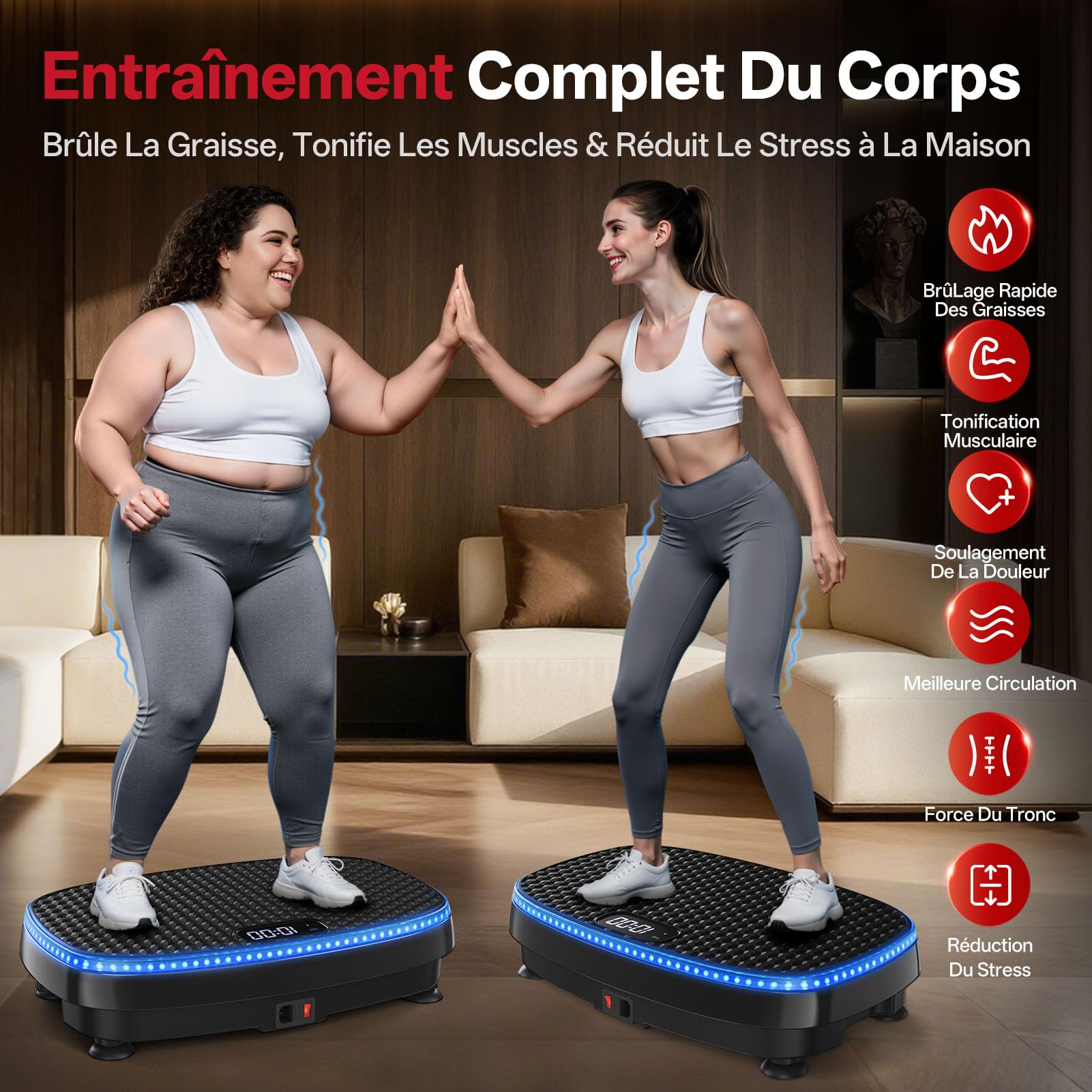 JOROTO JV50/JV60 Plateforme Vibrante 4D pour la Maison, avec 3 Moteurs, 10 Programmes & 120 Niveaux, Haut-Parleur Bluetooth, Éclairage LED pour Entraînement Complet du Corps, Charge Max. de 158KG