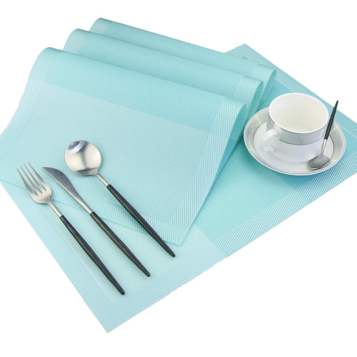 PIGCHCY Manteles individuales de plástico antideslizantes, fáciles de limpiar, manteles individuales de vinilo tejido para mesa de comedor, 45,7 x 30,5 cm, lavables, juego de 6 unidades (turquesa)