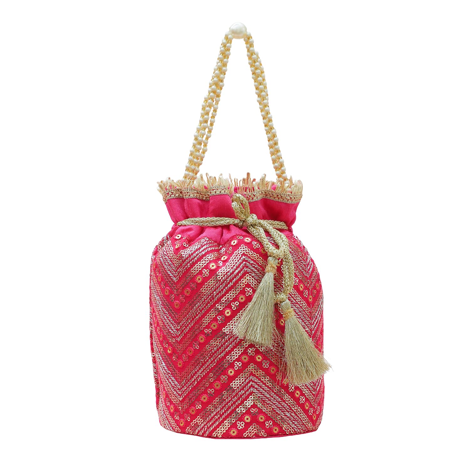 Bags Hot Pink Sequin Embroidered Festive Potli Bag with Pearl Handle & Golden Tassels Gift for Women & Girls-image-43