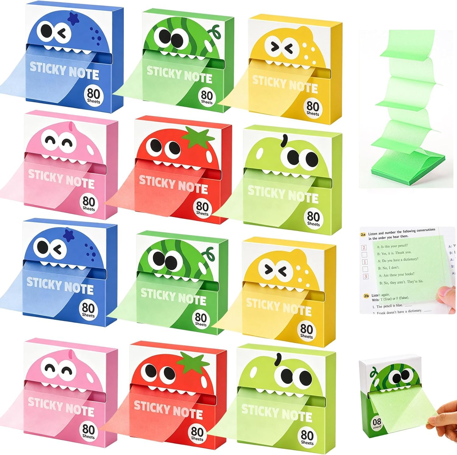 Cute Fruit Monster Sticky Notes Transparent Pull Out Sticky Notes Colorful Pull Out Office Memo Pads Post Sticky Notes for Office Planning, Journaling Organization Daily Annotation Studying (12PCS)