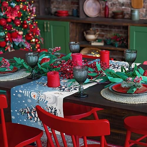 Miniatura 8 de Camino de mesa de Navidad  Algodón y lino de 36 pulgadas, muñeco de nieve azul rústico copo de nieve para corredor de cama, mantel de Navidad de