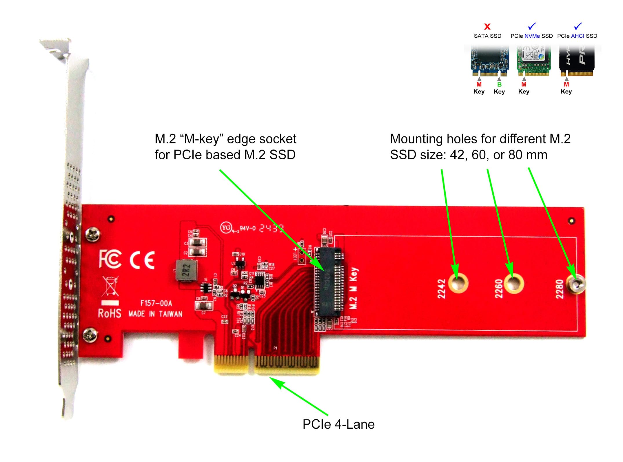 Ableconn PEXM2-157 PCIe Gen5 x4 Host Adapter Card for NVMe 2280 M.2 SSD - Support M.2 PCIe NVMe Type 2280, 2260 SSD - Work with PCIe x4 / x8 / x16 Slot