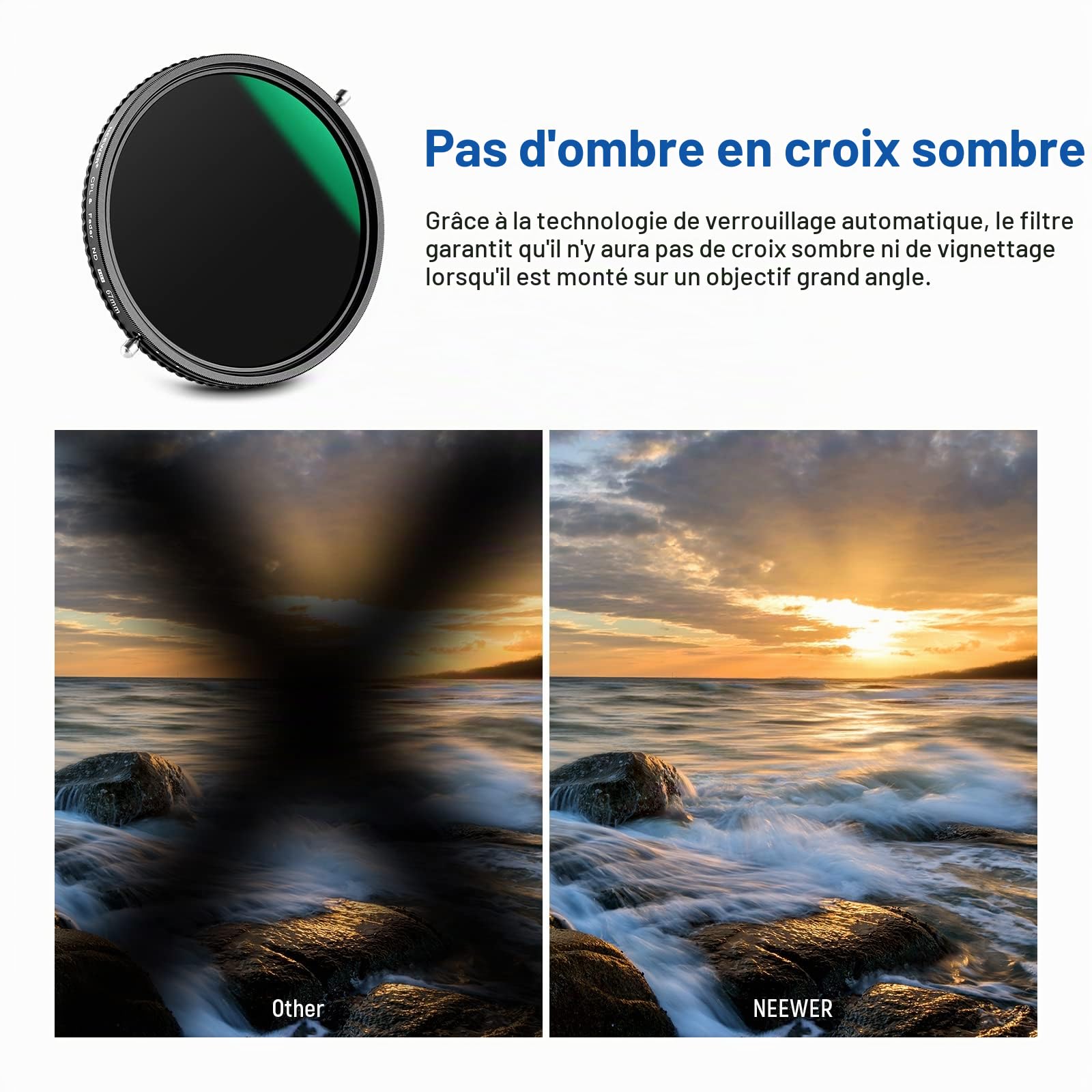 NEEWER 2 en 1 67mm Filtre ND variable ND2–ND32 et filtre CPL (polariseur circulaire) Sans croix en X / Revêtement nano 30 couches / Verre optique HD / Hydrofuge / Résistant aux rayures