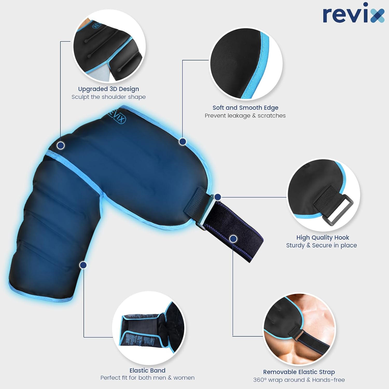 REVIX XL 3D Sewing Shoulder Ice Pack Wrap for Better Brace Coverage and Wear, Gel Ice Packs for Rotator Cuff, AC Joint Discomfort Hot Cold Gel Packs Reusable for Men & Women