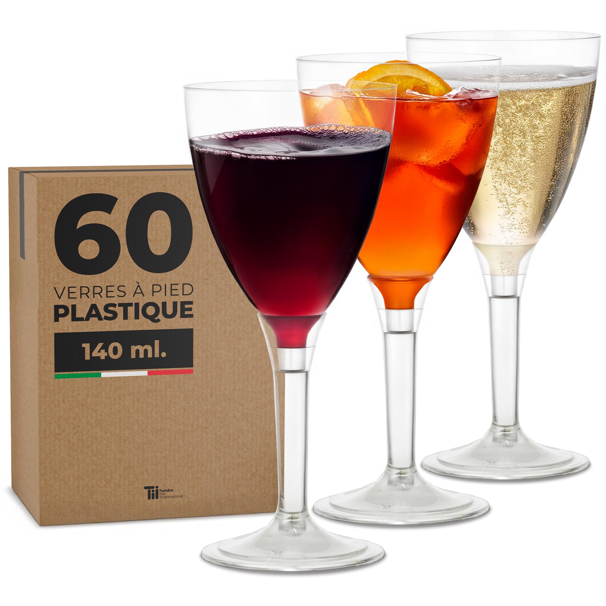 TUNDRA - Lot de 60 Verres à VIN, à CHAMPAGNE à EAU "UTILISER & RÉ-UTILISER LÉGER" 140 ml., Gobelet PLASTIQUE REUTILISABLE RECYCLABLE, Transparents, BPA-Free, Verre a Pied Plastique Incassables