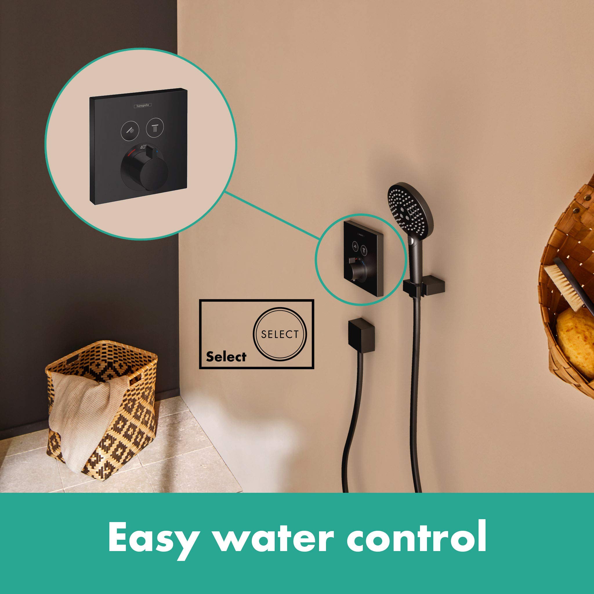 hansgrohe ShowerSelect - Thermostat Unterputz, Armatur mit Sicherheitssperre (SafetyStop) bei 40° C, eckiges Thermostat, Mischbatterie für 2 Verbraucher, Mattschwarz, 15763670