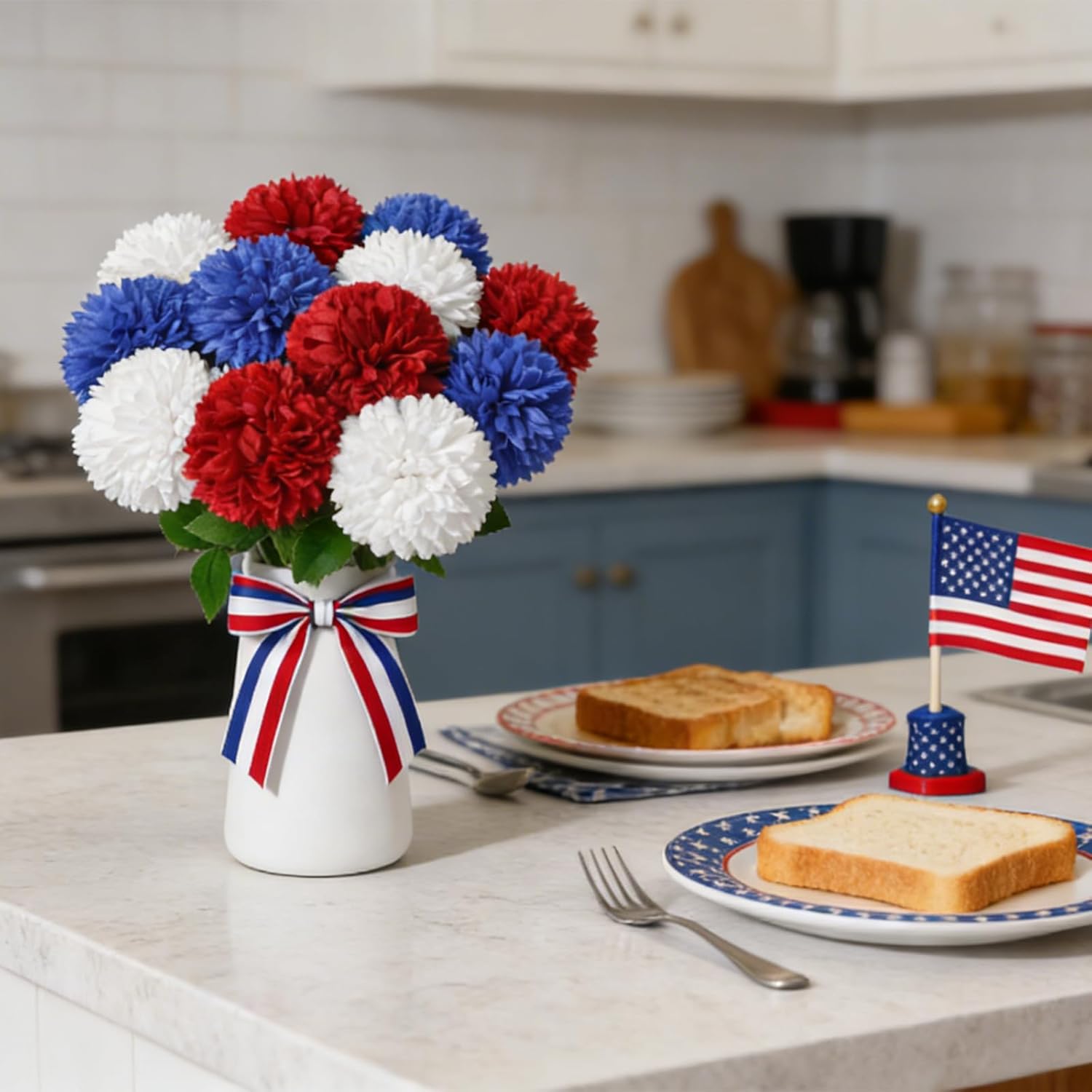 12Pcs Artificial Chrysanthemums Ball Flowers Patriotic Flower with Ceramic Vase, 4th of July Fake Mums Flowers Silk for Home Decor Memorial Day Table Party Centerpiece(Red, White, Blue)