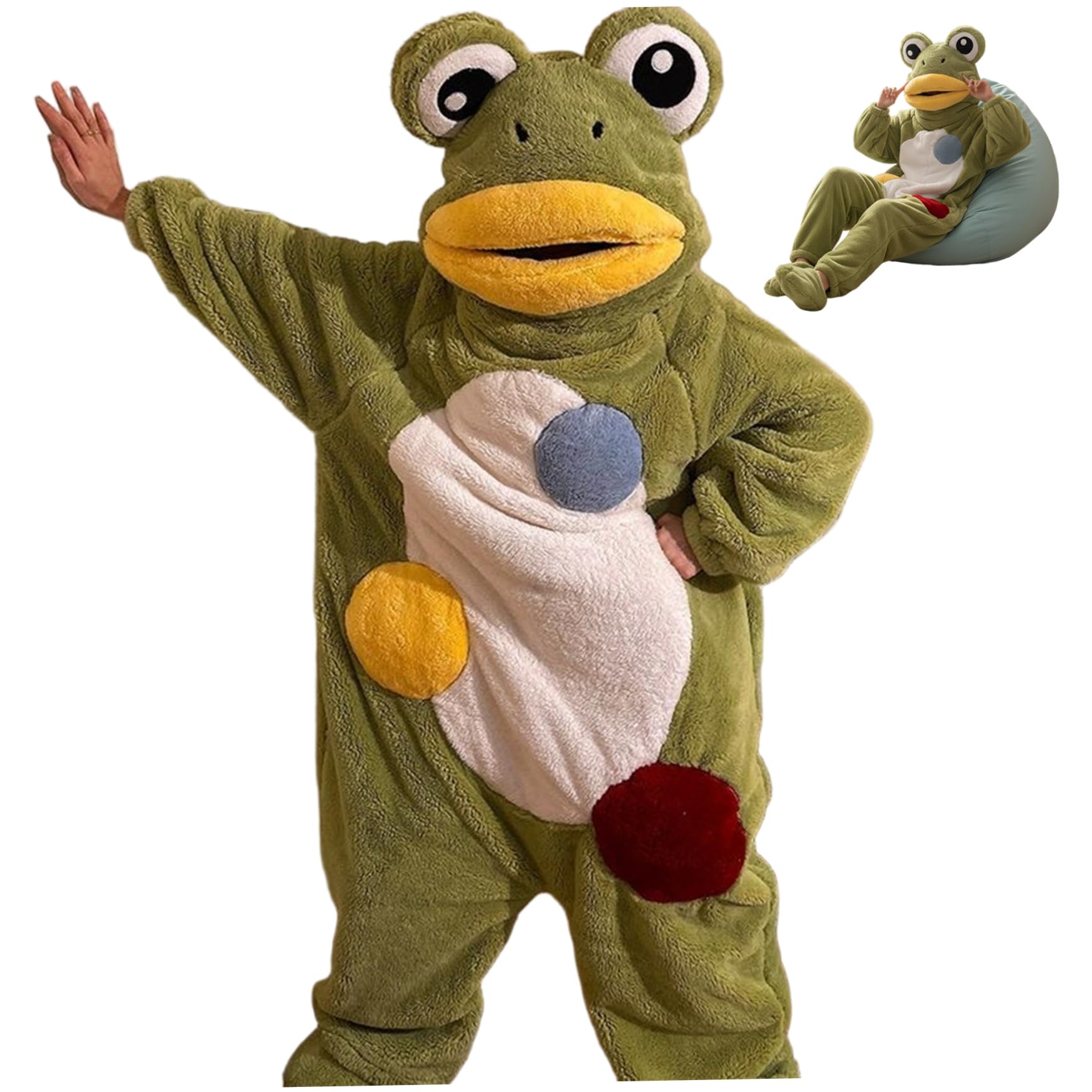 Grtheenumb Frog Suit, Frog Onesie, Soft Coral Fleece Full Body Pajamas with Hood & Feet, Warm Animal Costume for Halloween, Cosplay, and Loungewear, M