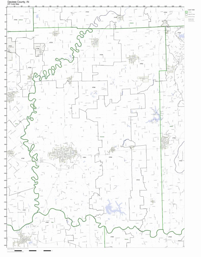Daviess County, Indiana IN ZIP Code Map Not Laminated