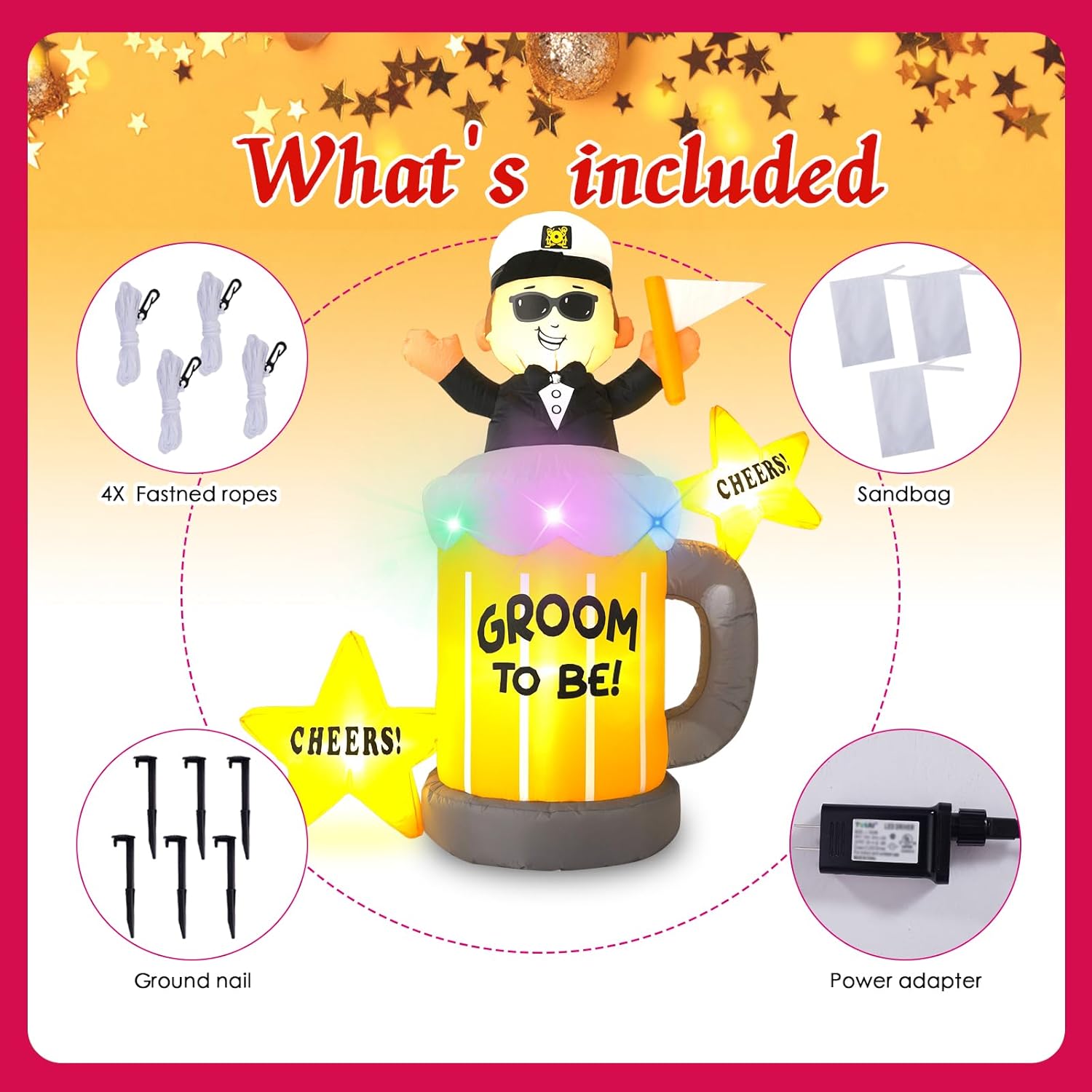 6FT Gentleman Sitting on Beer Mug, Built-in LED Lights and Colorful Flashing Lights, Bachelor Party Inflatable Decoration, Suitable for Outdoor, Garden, Yard Lawn Decoration