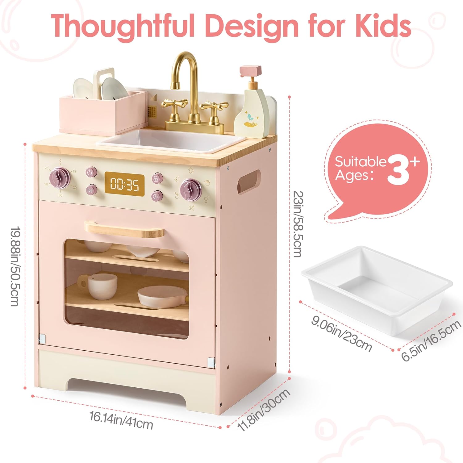 Dimensions of the ROBOTIME Wooden Toy Dishwasher Sink