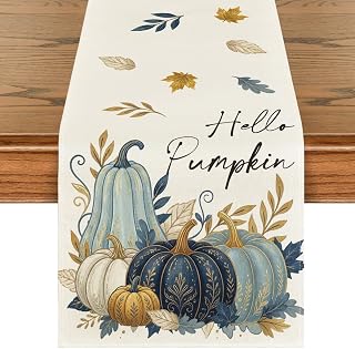 Artoid Mode 210 GSM Fall Table Runner Home Party Decor 13x90 Inch | Blue Pumpkin Golden Stripe Leaf, Seasonal Kitchen Dining Table Decoration