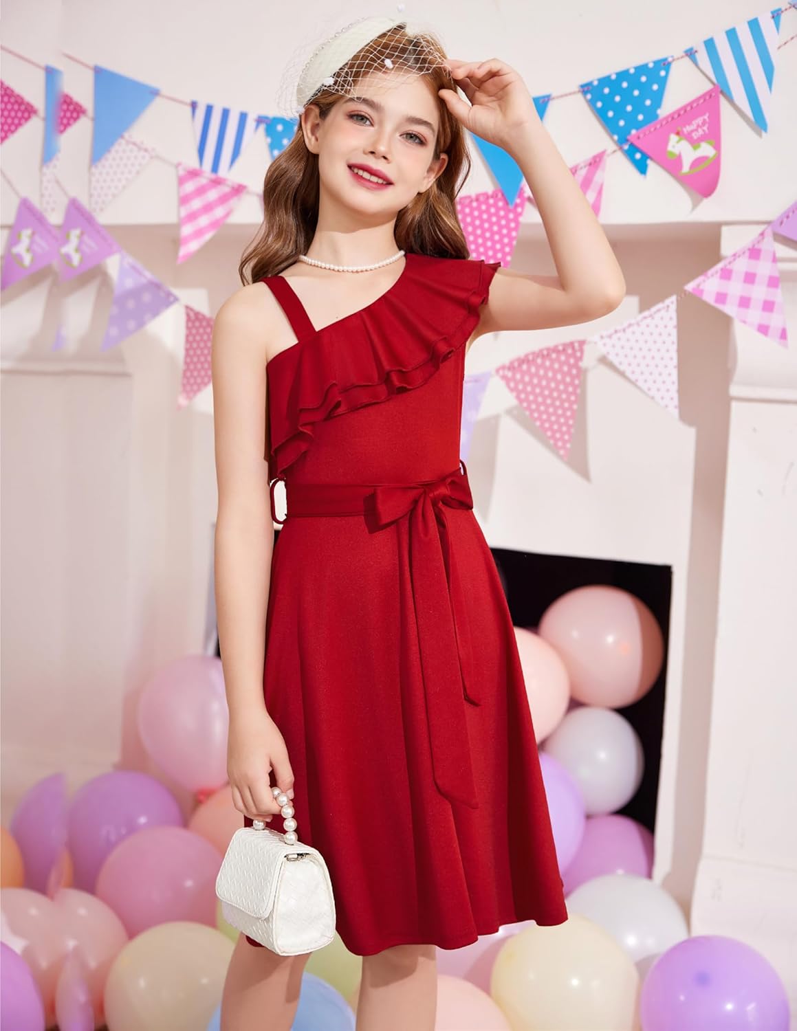 Arshiner Girls Dress One Shoulder Formal Ruffle Trim Birthday Party Dresses with Belted Pockets for 5-12 Years - Image 2