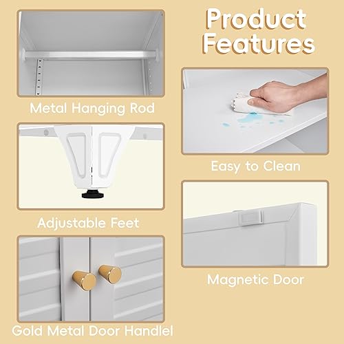 Miniatura 6 de 71" Metal Wardrobe Cabinet with Hanging Rod, Wardrobe Closet with Doors and Adjustable Shelves, Whiet Clothing Storage Cabinets for