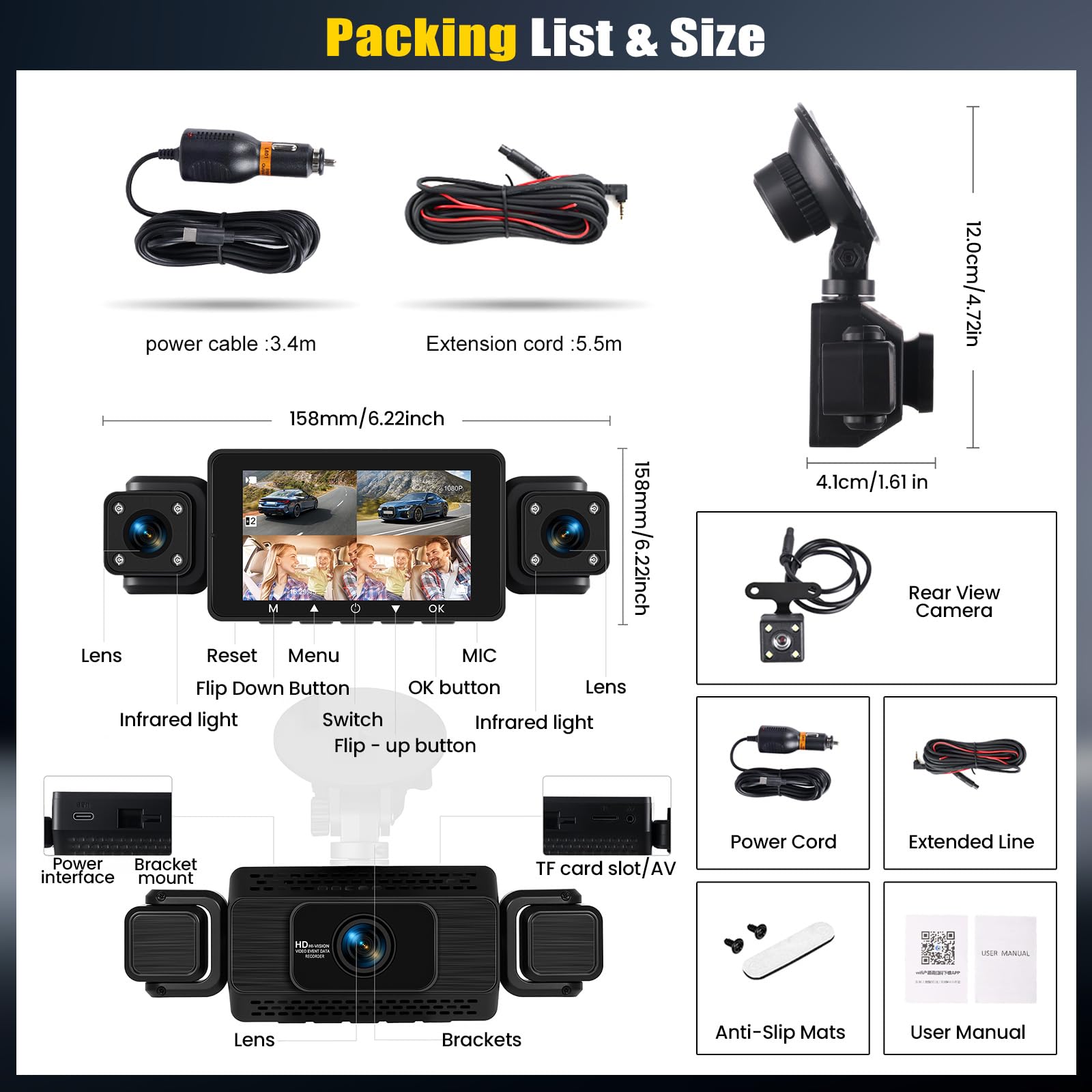 Dashcam 4 Canales Coche con App, 360° Delantera Trasera Interior Izquierda Derecha, Visión Nocturna, Grabación en Bucle, 24H Parking Monitor, Sensor G, Asistencia de Aparcamiento