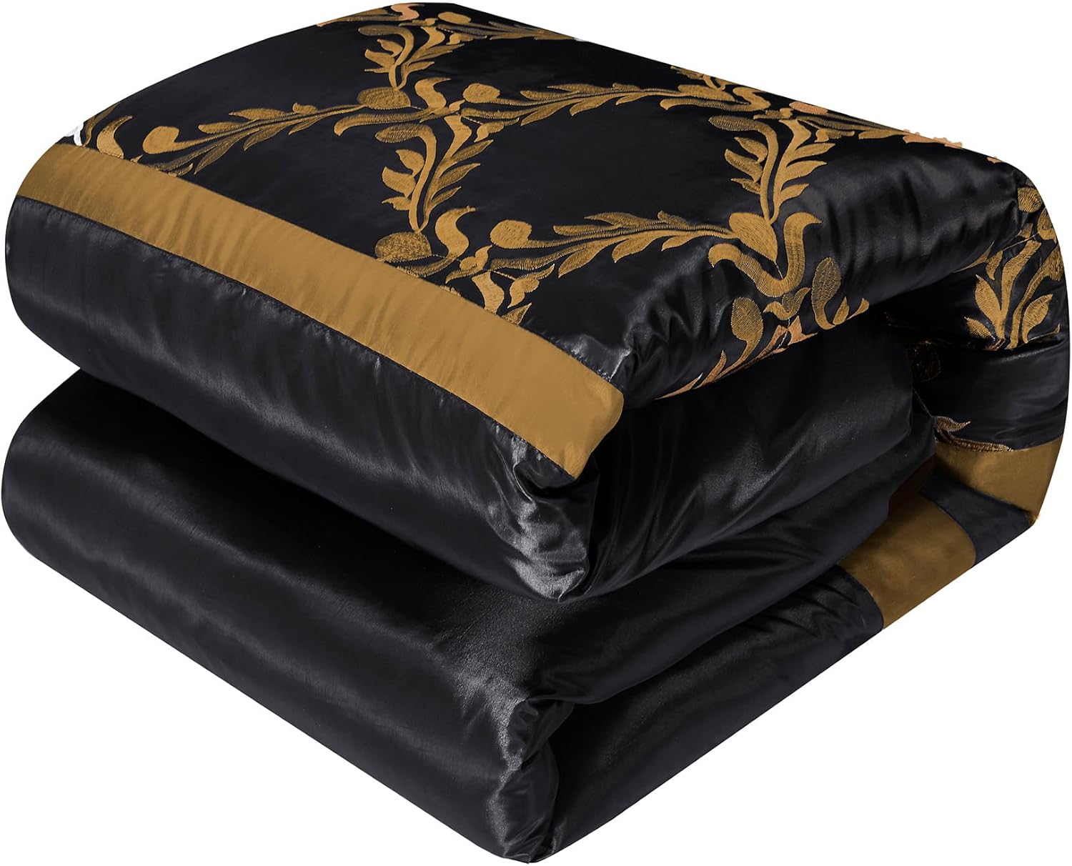 HIG 7 Piece Bed in A Bag Comforter Set Queen - Black and Gold Faux Silk Fabric Embroidered - Breathable and Wrinkle Resistant -1 Comforter, 2 Shams, 3 Decorative Pillows, 1 Bedskirt - Image 8