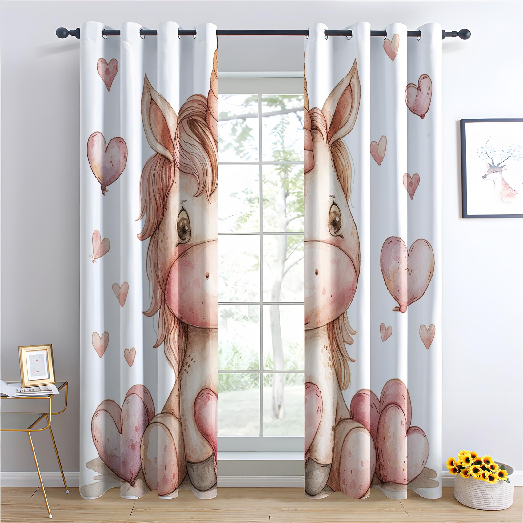 Rideau Occultant Licorne - Rideaux Thermiques à Oeillets - Rideaux Imprimé Motif Enfants Filles pour Salon Chambre Fenetre - Lot de 2 Rideaux et Draperies Intérieurs - 75x166 cm (L x H)