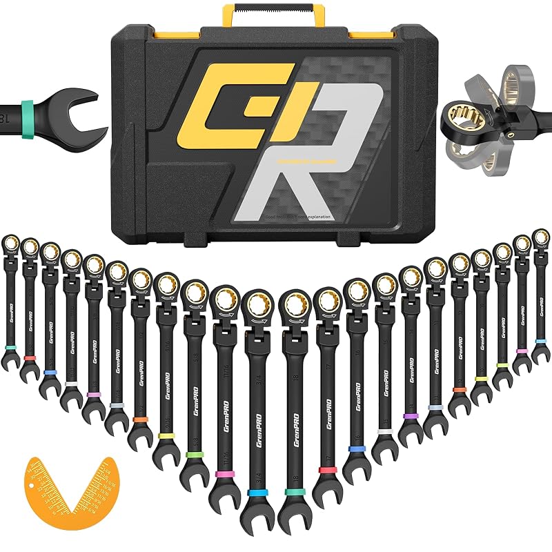 GRENPRO Kit de Chaves Combinadas com Catraca e Cabeça Flexível, Métrico e SAE, com Anéis Coloridos, 23 peças