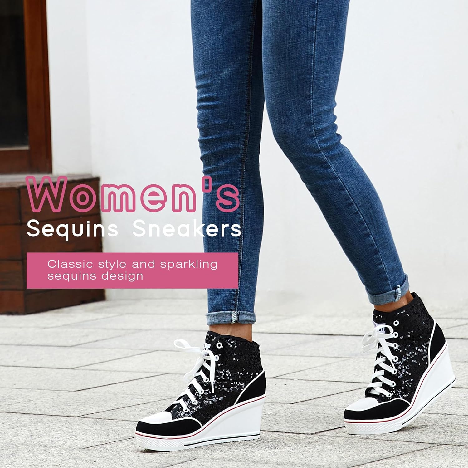 Jiu du Women's Glitter Sneakers Platform Wedge Sneaker Sparkly Sequin High Top Lace Up Sneakers Bling Wedding Dressy Tennis Shoes - Image 4