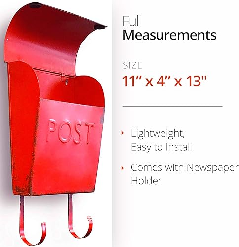 Miniatura 4 de NACH Buzón de correo rojo envejecido europeo con soporte para periódicos, buzones rústicos de montaje en pared para exteriores, soporte de correo al