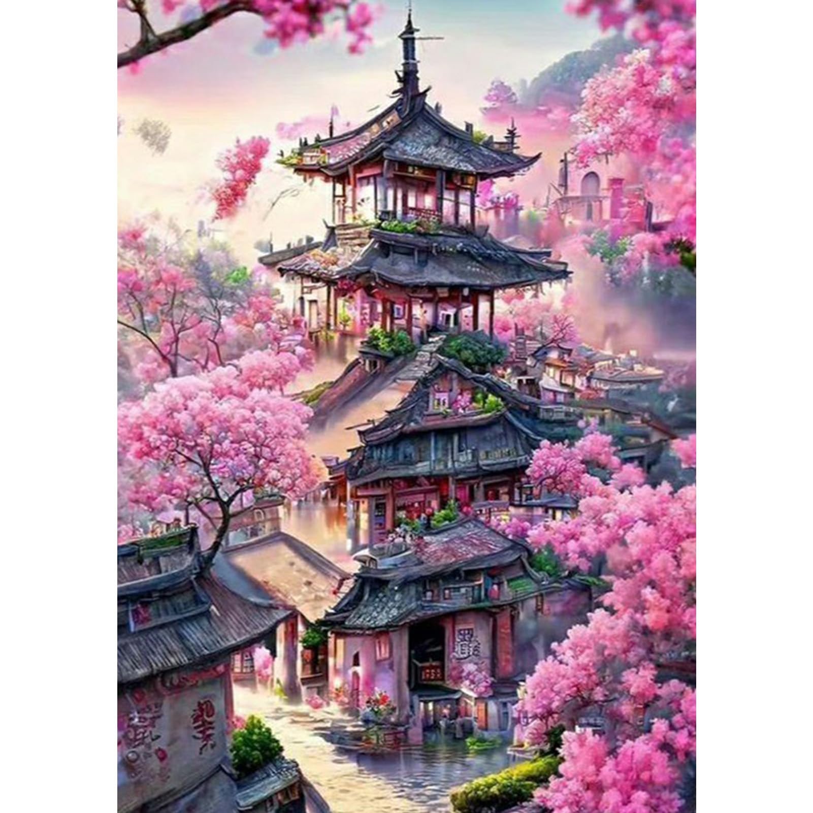 TOSTOG Cherry Blossom Scenery Diamond Painting Kits for Adults, 5D Full Drill Diamond Art Kits Temple Flower Landscape, DIY Round Diamond Picture Arts Gem Painting Crafts for Home Wall Decor 30x40cm
