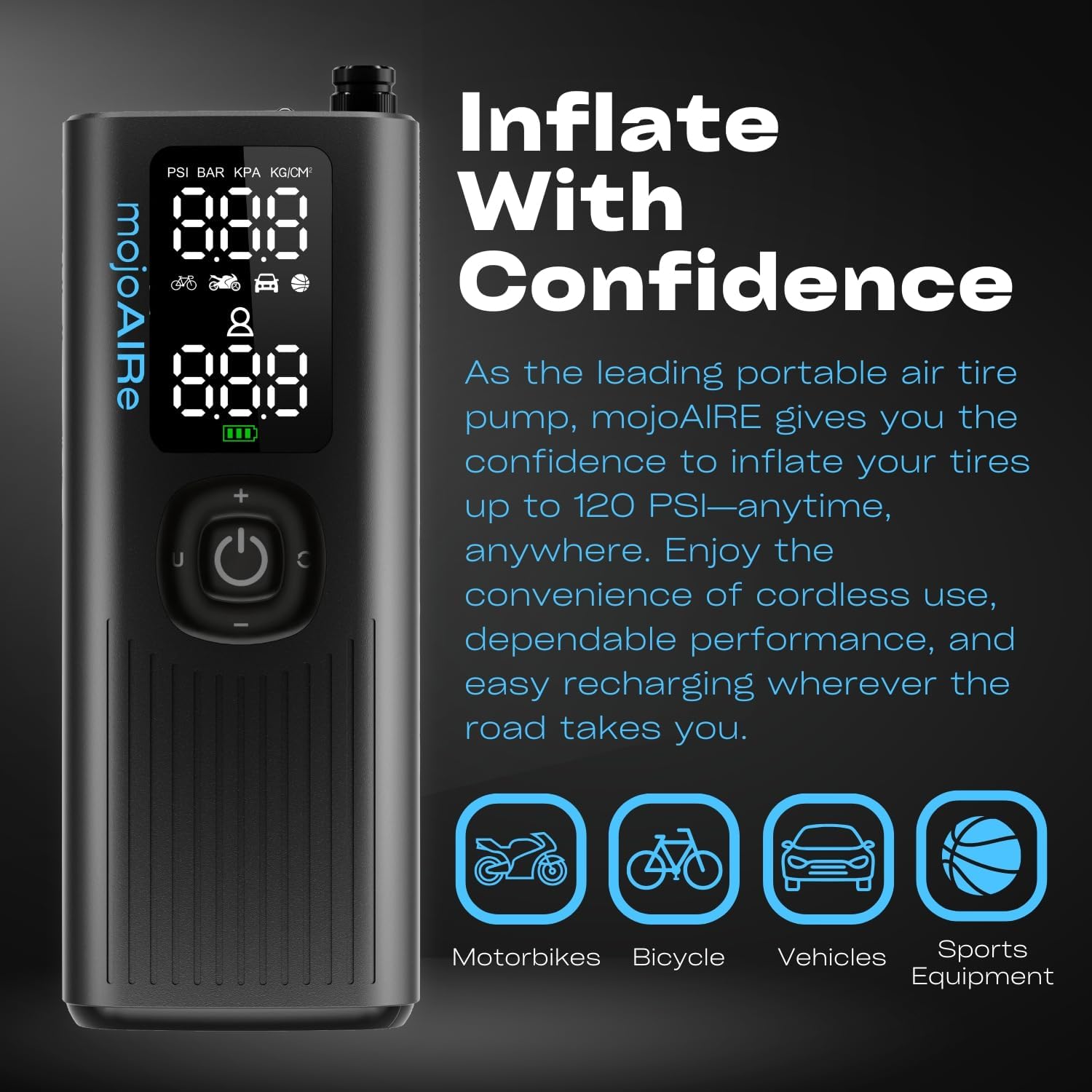 Tire Inflator Gauge Portable Air Compressor, Digital LED Display & Flashlight, 120 PSI/ 2x 2000 mAh Battery for Car Tires, Motorcycle, Bicycle - Cordless Tire Pump with Tire Pressure Gauge