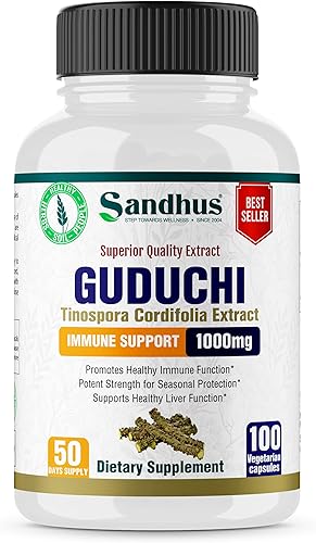 Sandhu's Guduchi (Tinospora Cordifolia) Giloy 100 cápsulas vegetarianas de apoyo inmunológico 1000mg por porción