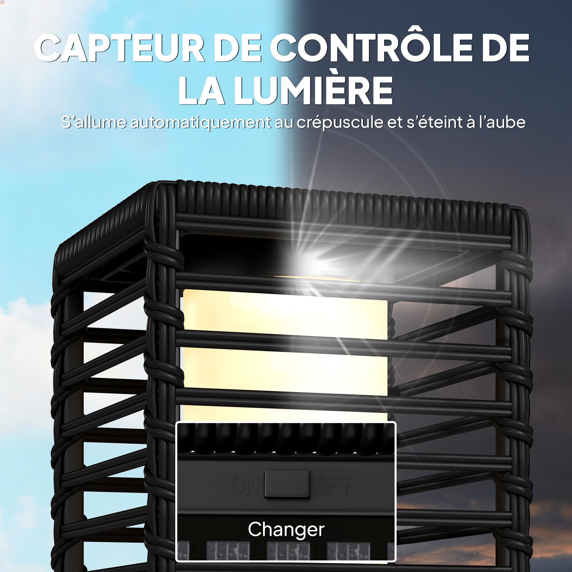 Outsunny Linterna Solar Exterior Resina Trenzada, Negro | Lámpara de pie inalámbrica, recargable, sensor de luz, LED