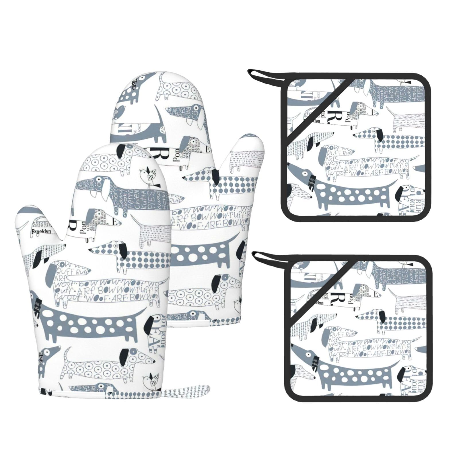 Nimongt Black Cute Dachshund Dog Print Heat Resistant Gloves Pads Reusable Kitchen Set Oven Baking Grilling Cooking