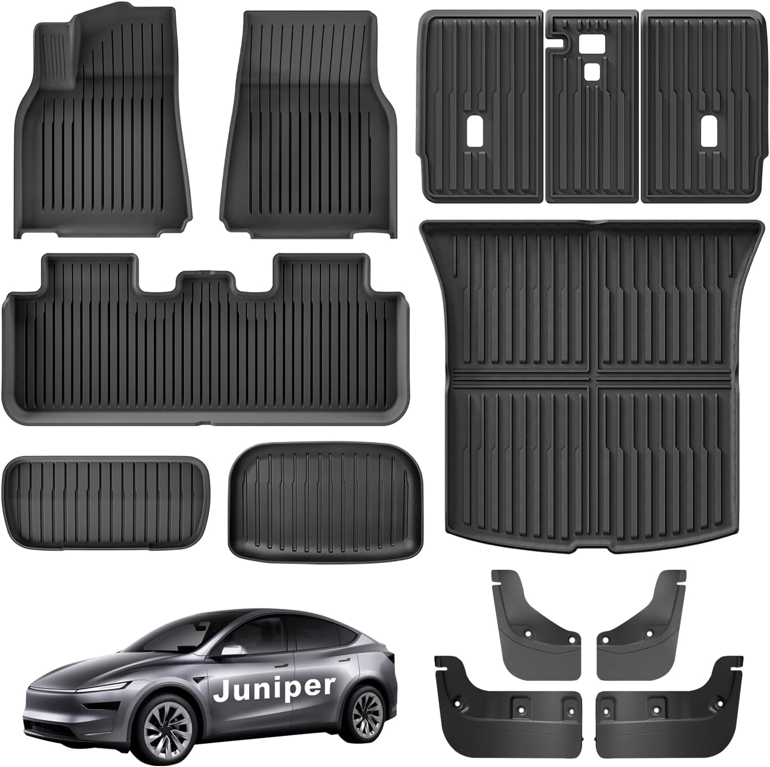Weize Floor Mats for Tesla Model Y Juniper 2025-2026 All Weather 9Pcs Cargo Liners & 4Pcs Mud Flaps No-Drill Splash Guards Interior Accessories