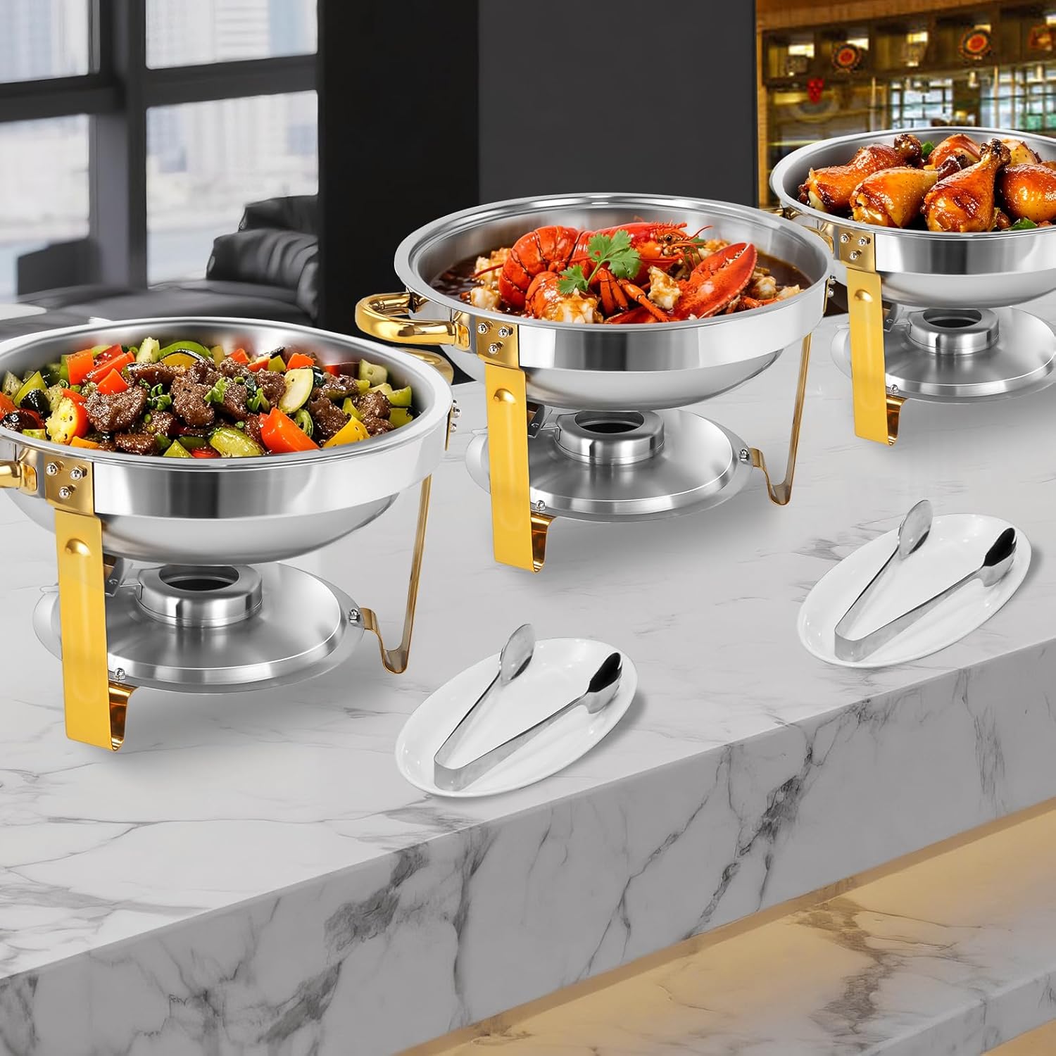 Gold Chafing Dish Buffet Set 2 Pack, 5 QT Round Food Servers and Warmers Stainless Steel Chafer with Glass Lid for Weddings, Parties, Banquets, and Catering