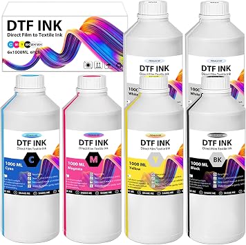 DTF Ink - 6000ML DTF Transfer Ink for PET Film, Premium Pigment Ink Refill for P600 P800 DX5 DX7 R1390 XP600 i3200 4720 Printers, High Fluidity & Coverage 1000ML*6, 2W+BKCMY