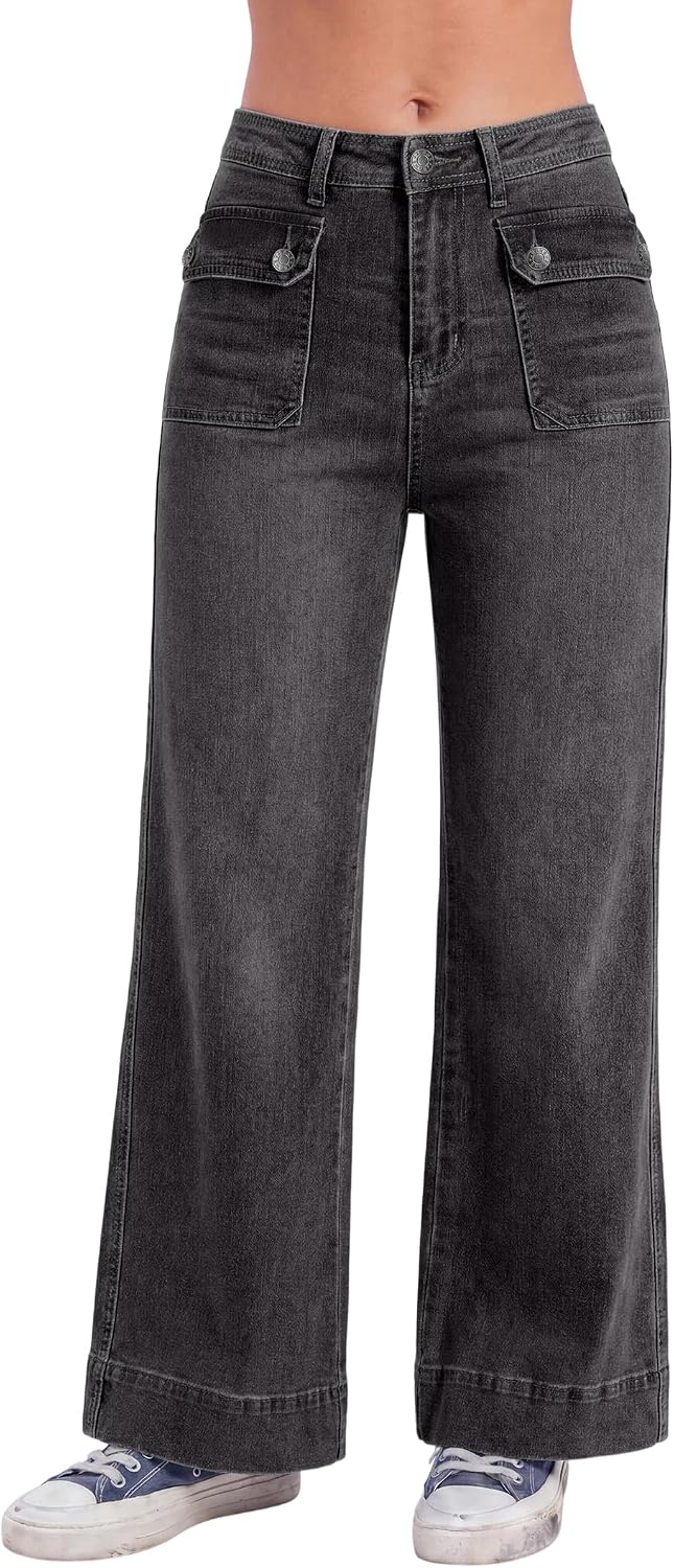 EMMIOL Women Wide Leg Jeans Tummy Control Waisted Straight Stretchy Denim Pants with Pockets
