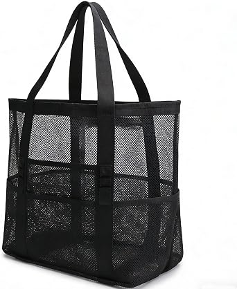 Mesh Beach Tote Bag with Zipper Pocket, Extra Large, Multiple Pockets, for Beach, Picnic, Family Vacation