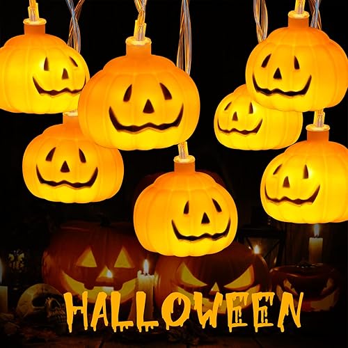 suddus 20 luces LED Gloden para decoración de Halloween, cadena de luces de calabaza de 9.8 pies, funciona con pilas con 8 modos, luces de Halloween