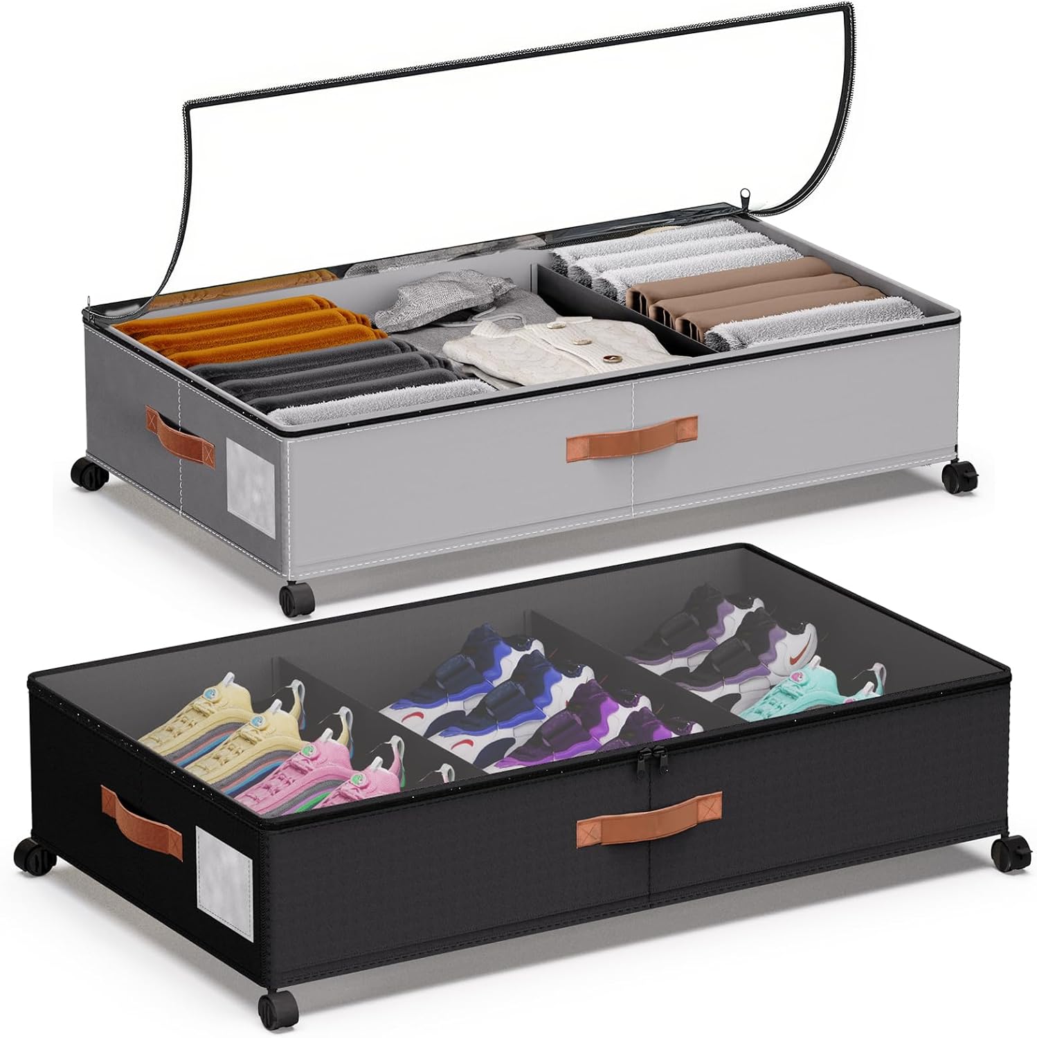 Under Bed Storage with Wheels - Rolling Underbed Containers with PVC Clear Lid & Dividers, 600D Oxford Fabric, PU Leather Handles, Adjustable Magic Tape Partition, XXL 66L,2 Pack(Black+Grey)