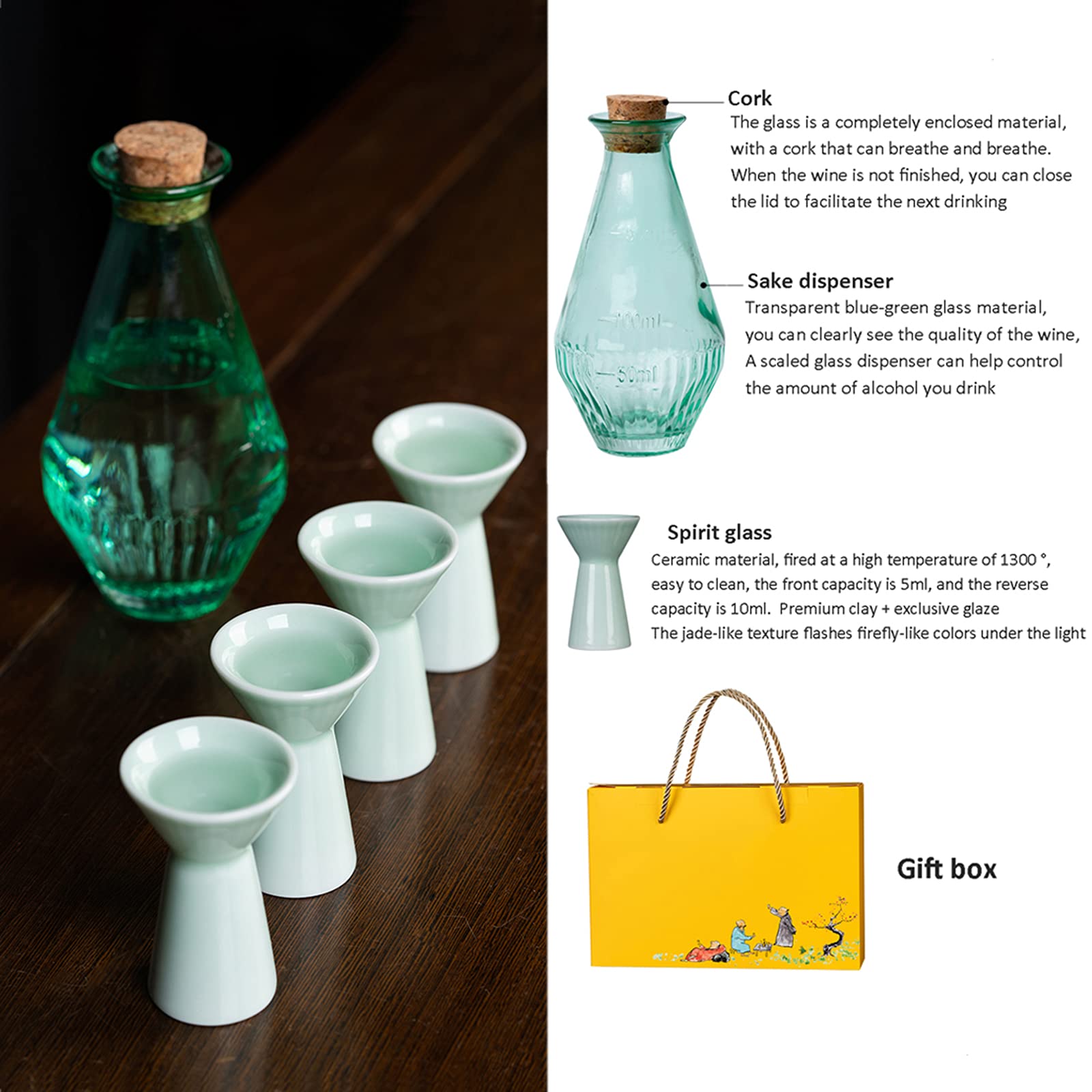 Juego de sake de vidrio japonés, olla para sake con escala de volumen y taza para sake, utilizado para fiestas en casa y grandes regalos, 4 tazas para sake + 2 ollas para sake + 1 tapón de corcho