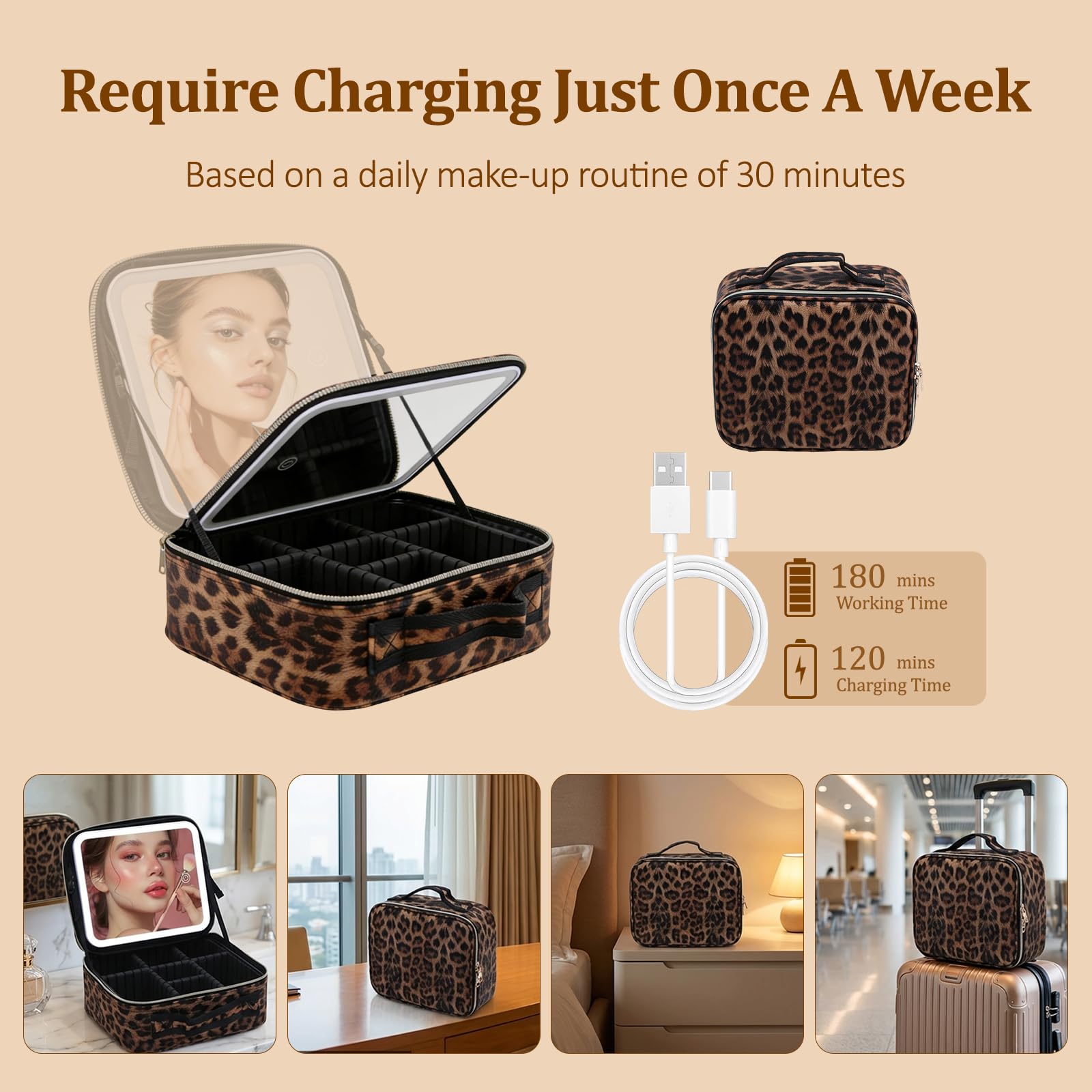Reise-Make-up-Tasche mit LED-Spiegel, Make-up-Organizer mit verstellbarem Fach, großes Fassungsvermögen, Kosmetiktasche, 3 Farbmodi, beleuchteter Spiegel, Make-up-Tasche (Leopardenmuster)