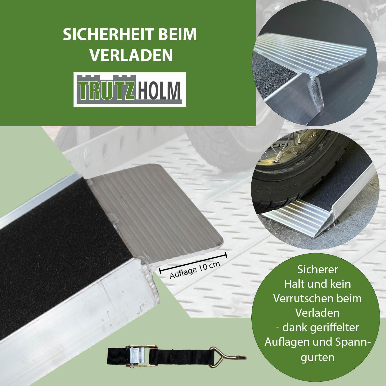 TRUTZHOLM 2X Auffahrrampe klappbar Länge 228 cm 340 kg Traglast je Stück 680 kg Gesamttraglast Aluminium Friktionsbeschichtung Anti Rutsch E-Bike-Rampe Fahrradrampe Motorradrampe inkl. 2X Spanngurt