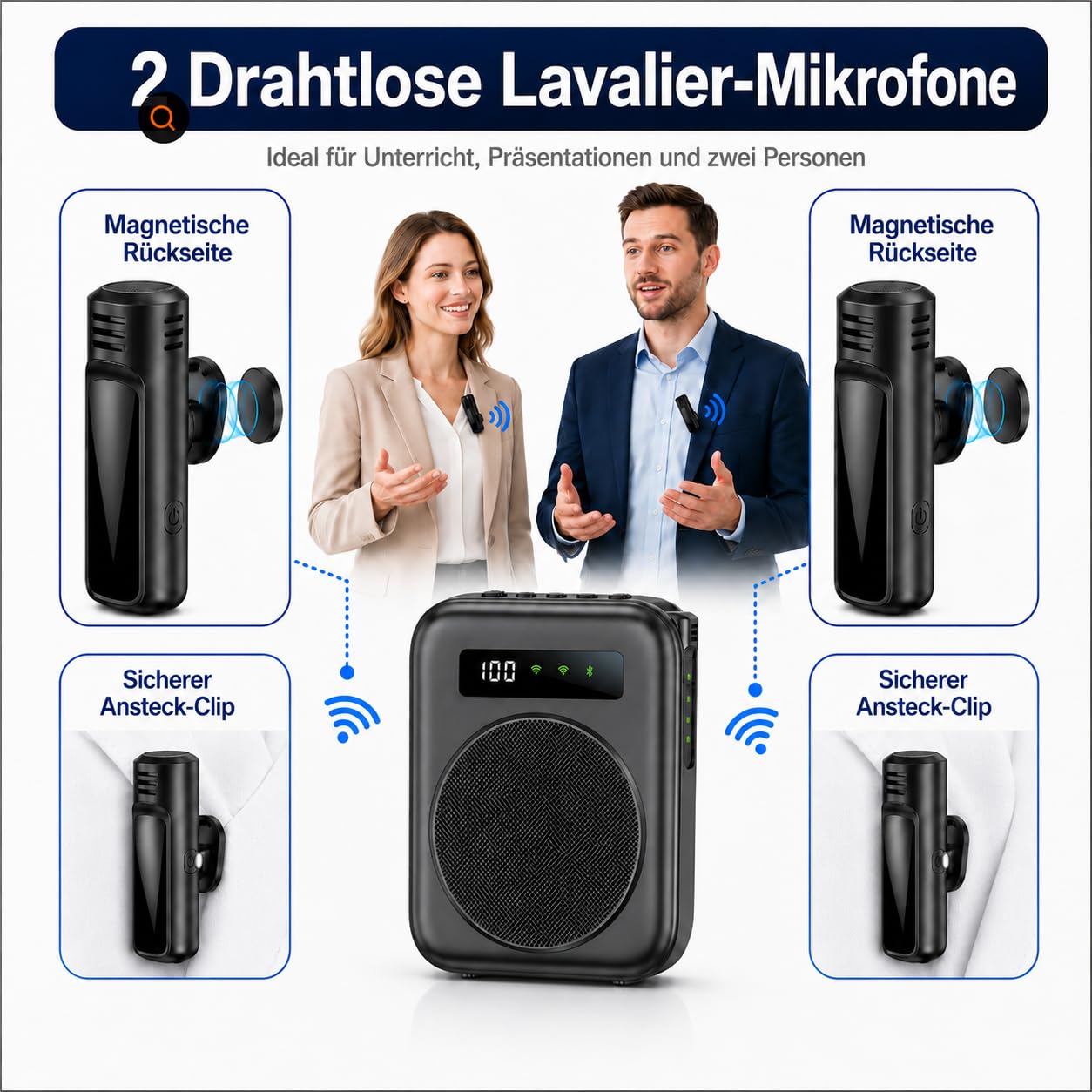 Sprachverstärker Tragbar, mit Kabellos Mikrofon, 2000mAh Akku | Drahtloser Sprachverstärker, mit Kabellos Lavalier-Mikrofon, für Lehrer, klassenzimmer, Meetings, Tour, leistungsverstärker