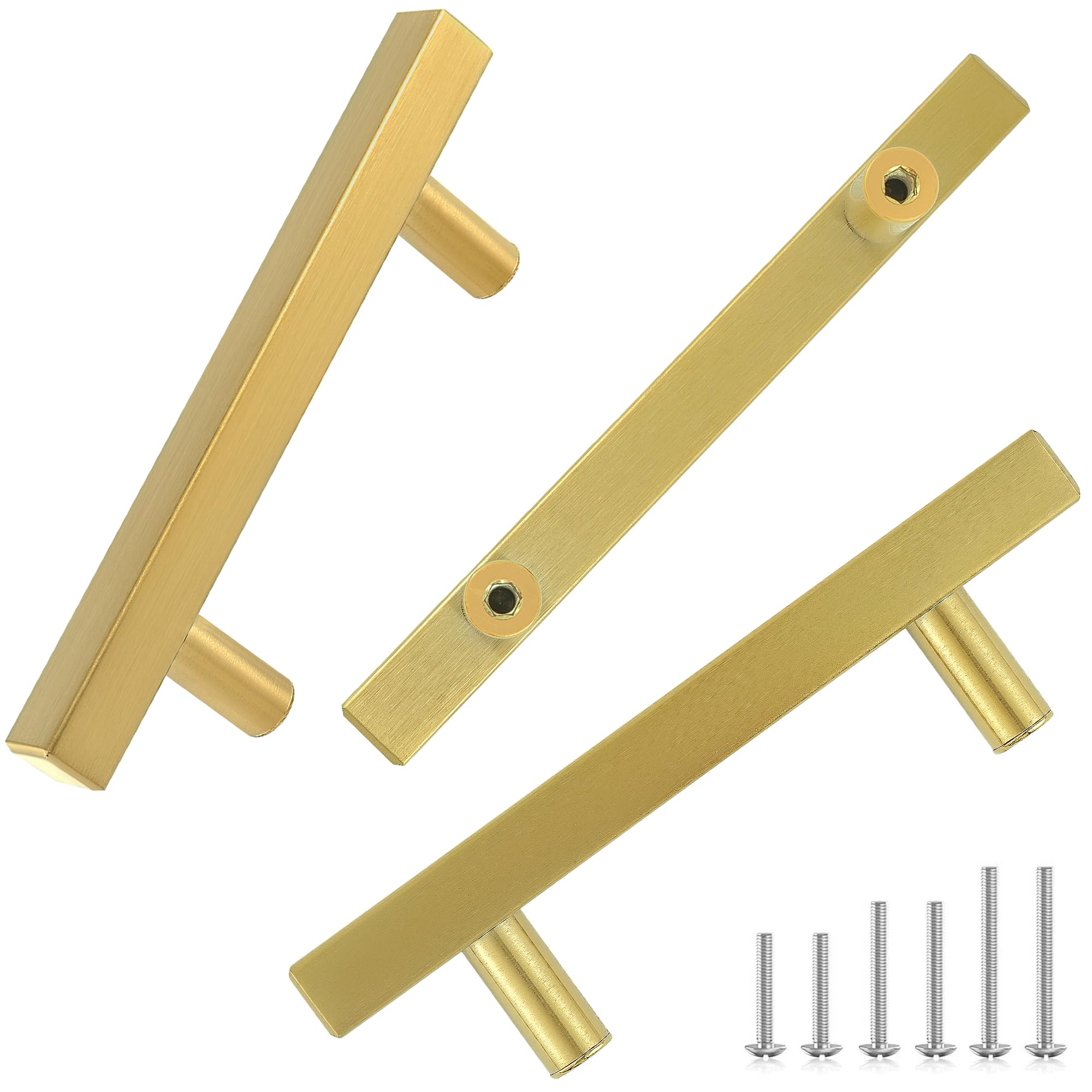 Photo 1 of 10 Pack 5 Inch Square Brushed Brass Cabinet Pulls for Kitchen Drawer, Stainless Hardware Steel Drawer for Wardrobe Bathroom Cupboard Furniture Pulls, Golden Handles 5”Length, 3”Hole Center
