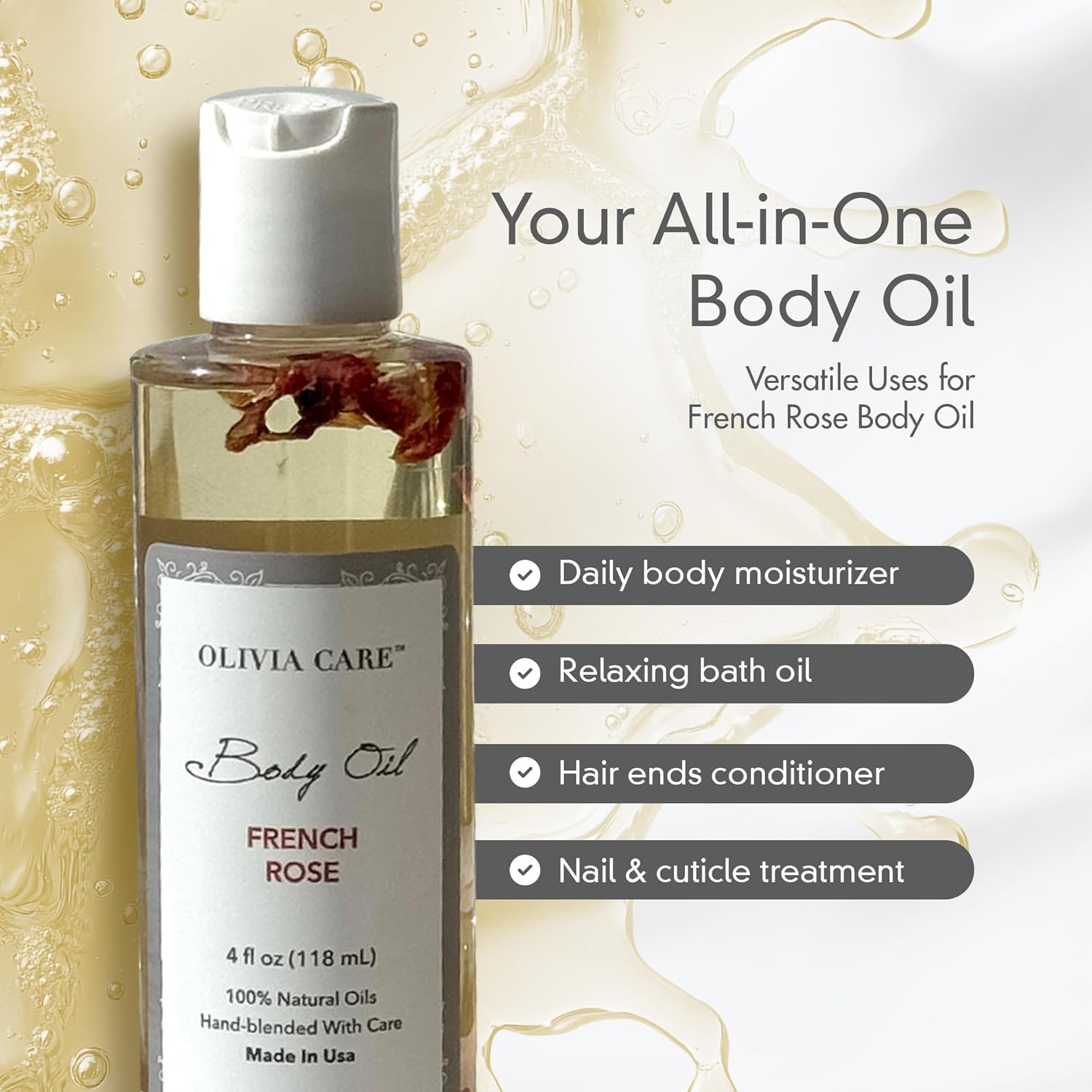 Olivia Care Body Oil - Natural Perfume Oil For Women | Hydrating & Moisturizing After Bath Oil - Infused with VITAMIN E, K & Omega Fatty Acids - Reduce Dry Skin (French Rose) - Image 6