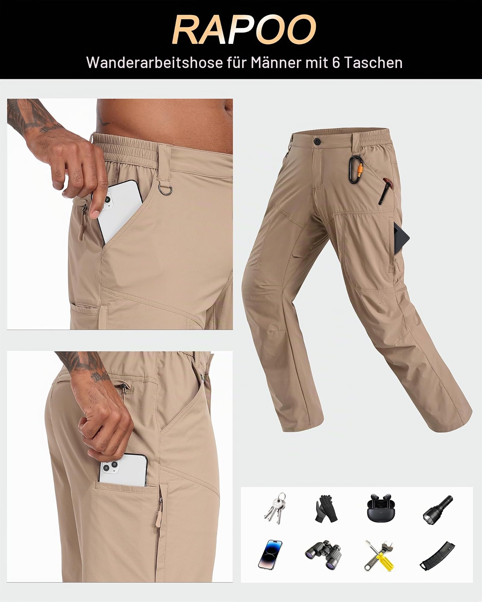Rapoo Wanderhose Herren Outdoor Cargohose für Herren Atmungsaktiv Nylon Trekkinghose Quick-Drying Winddicht Stretch Lightweight mit 6 Taschen