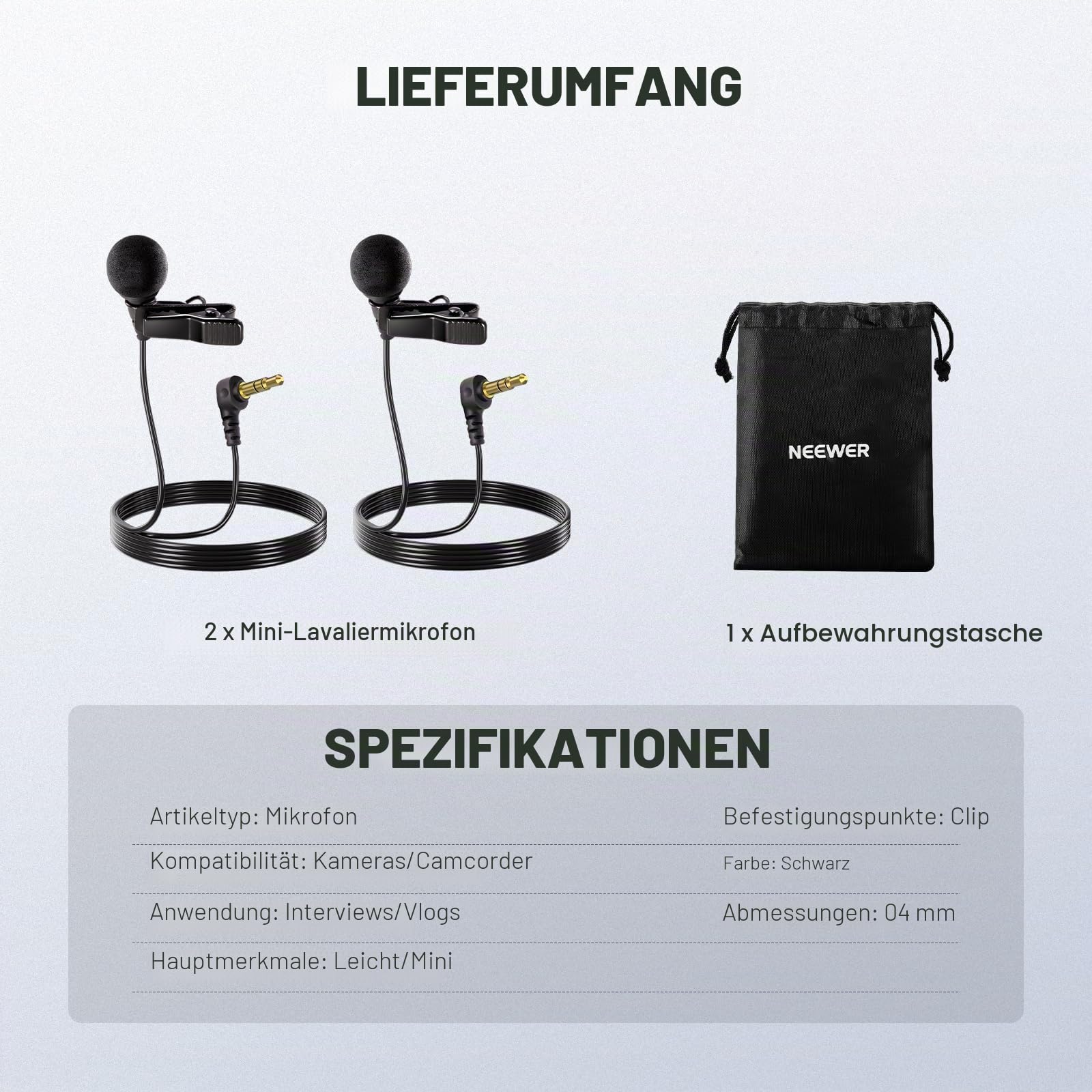 NEEWER ø4mm Mini Lavalier Mikrofon, 2er Pack, ansteckbares Wired Kondensator Ansteckmikrofon Set mit 1,5m 3,5mm TRS Anschluss, kompatibel mit DJI Mic 2 Rode Wireless Go II NEEWER CM28 CM31 Kamera, LM8