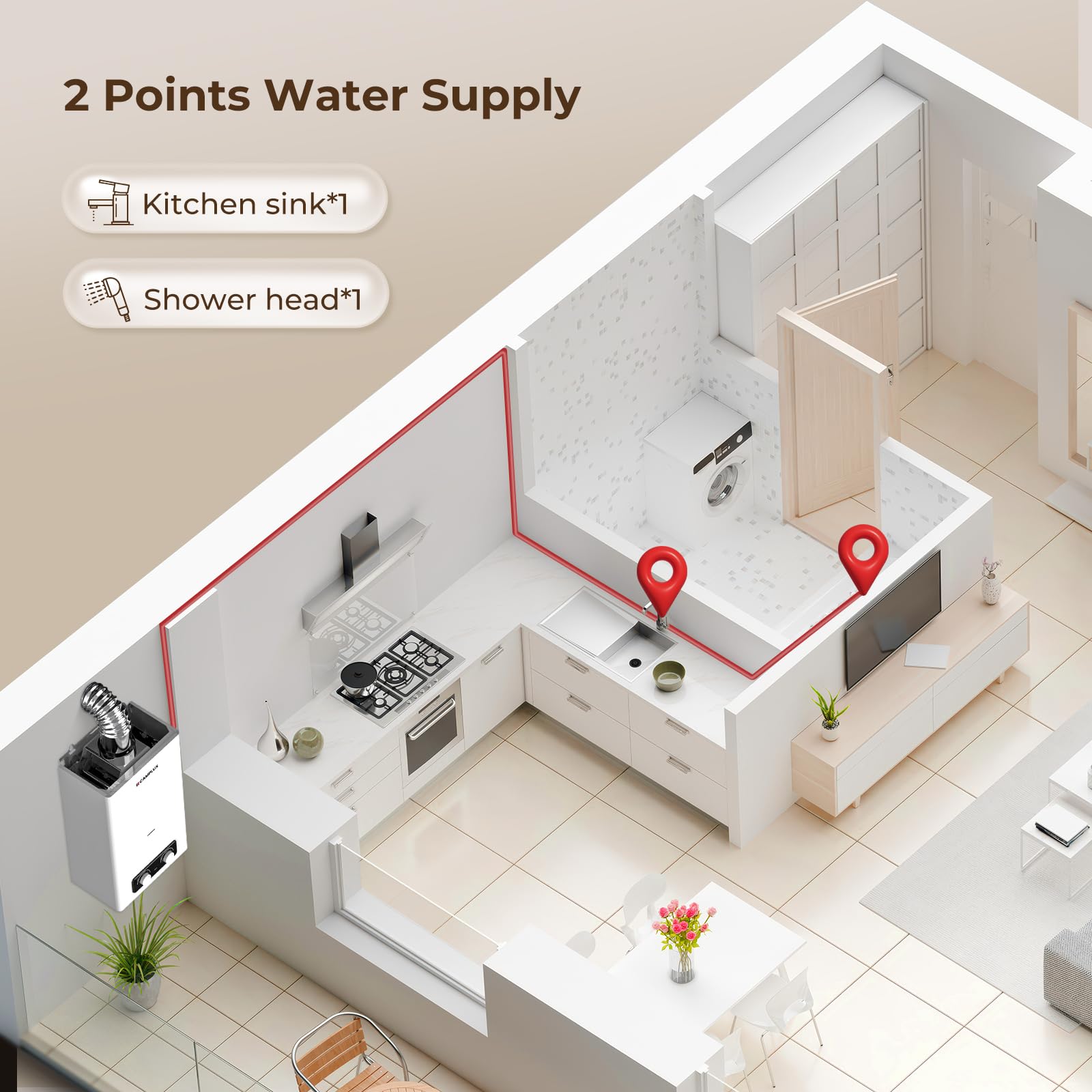 CAMPLUX Calentador de agua a gas de 11 l/min doméstico bajo NOx/ErP, ducha interior de gas natural, para hogar/balcón, BD300CTNG