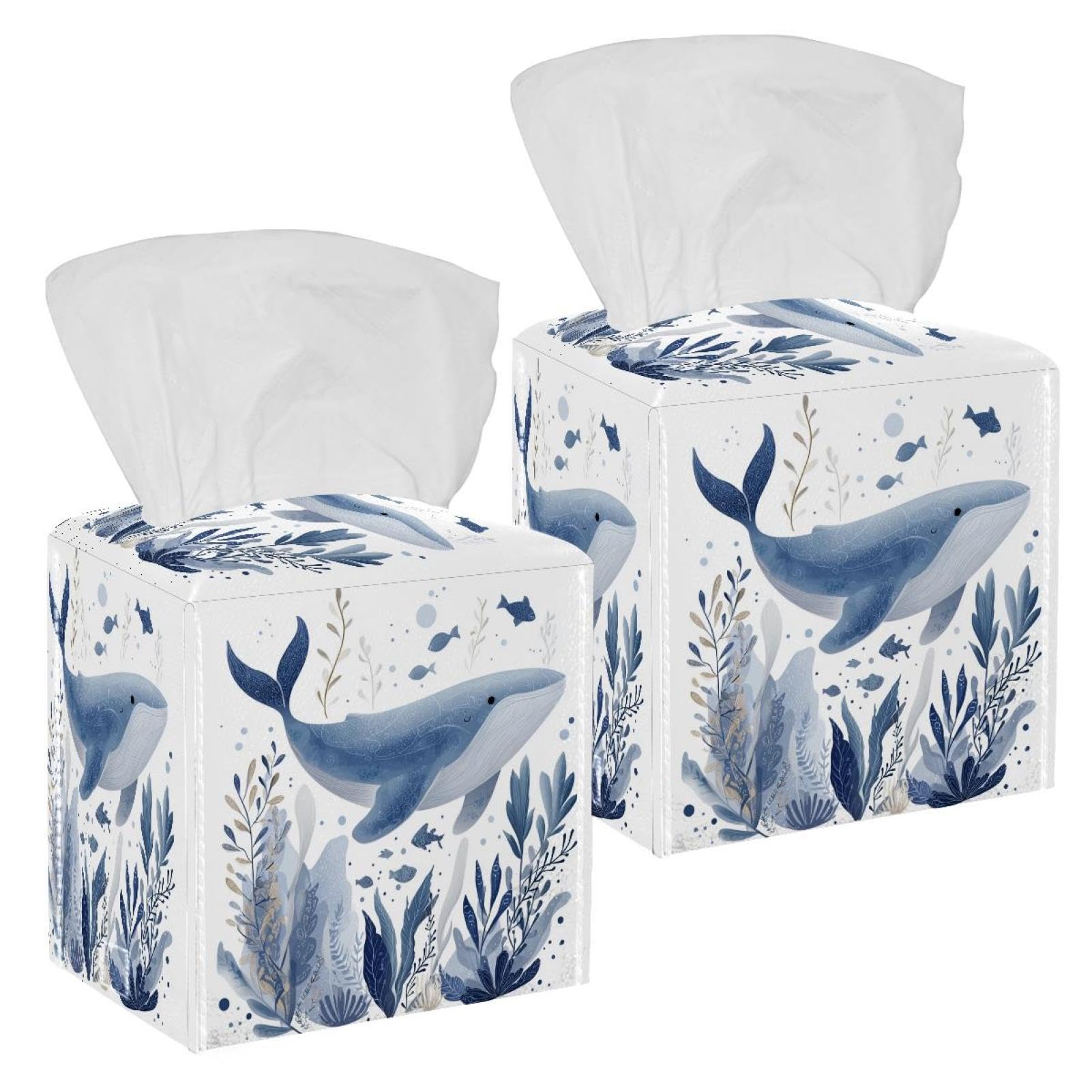 Whale Tissue Box Cover, 2 Pack PU Leather Square Facial Tissue Dispenser Box holder for Home Office Car