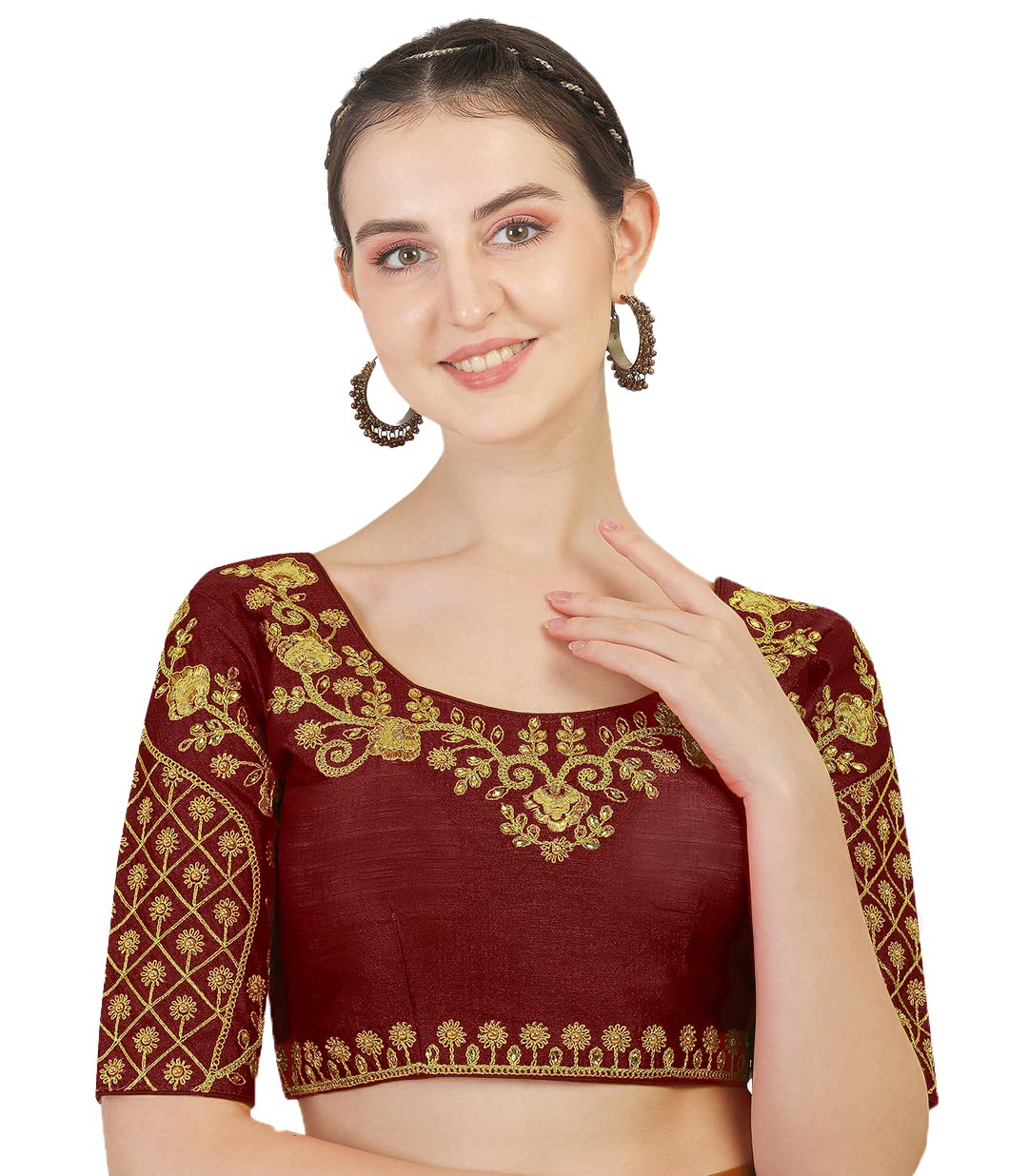 Pujia Mills Women's Silk Half Sleeve Regular (Floral Blouse Maroon 38)